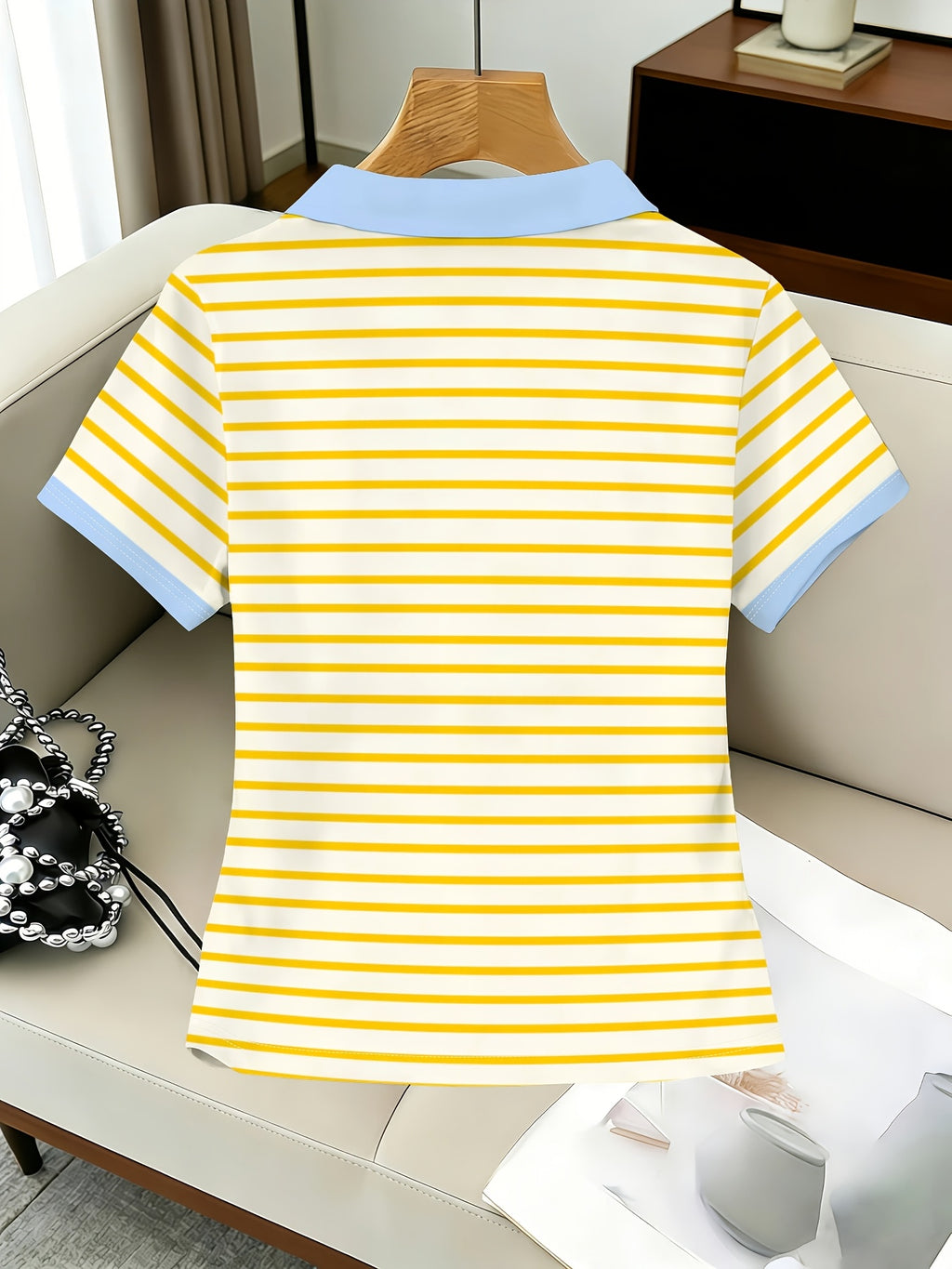 Women's Striped Sausage Dog Print Slim V-Neck Polo Top