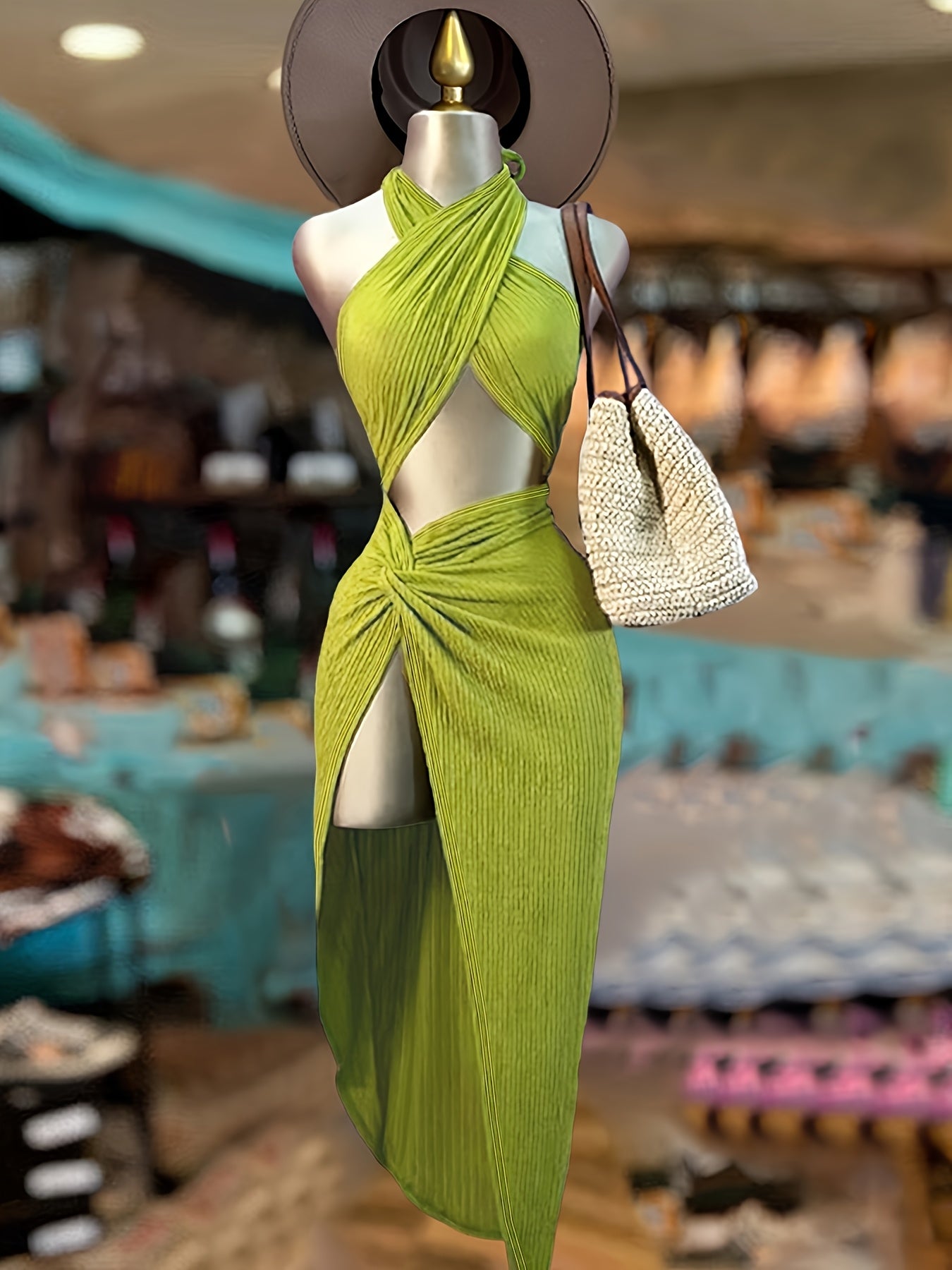Halter Neck Open Waist Twist High Slit Long Dress Spicy Style Slim Fit And Vacation Dress, Sexy Cross Halter Neck Hollow Long Dress High Waist Twist Slit Hip Wrap Skirt Ribbed Halter Neck Dress Open Waist High Slit Design Long Dress Whitening And Le