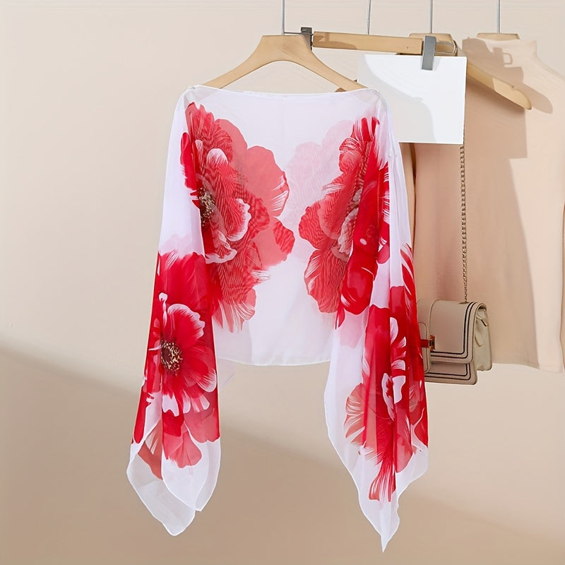 Women's Floral Print Chiffon Faux Pearl Button Shawl