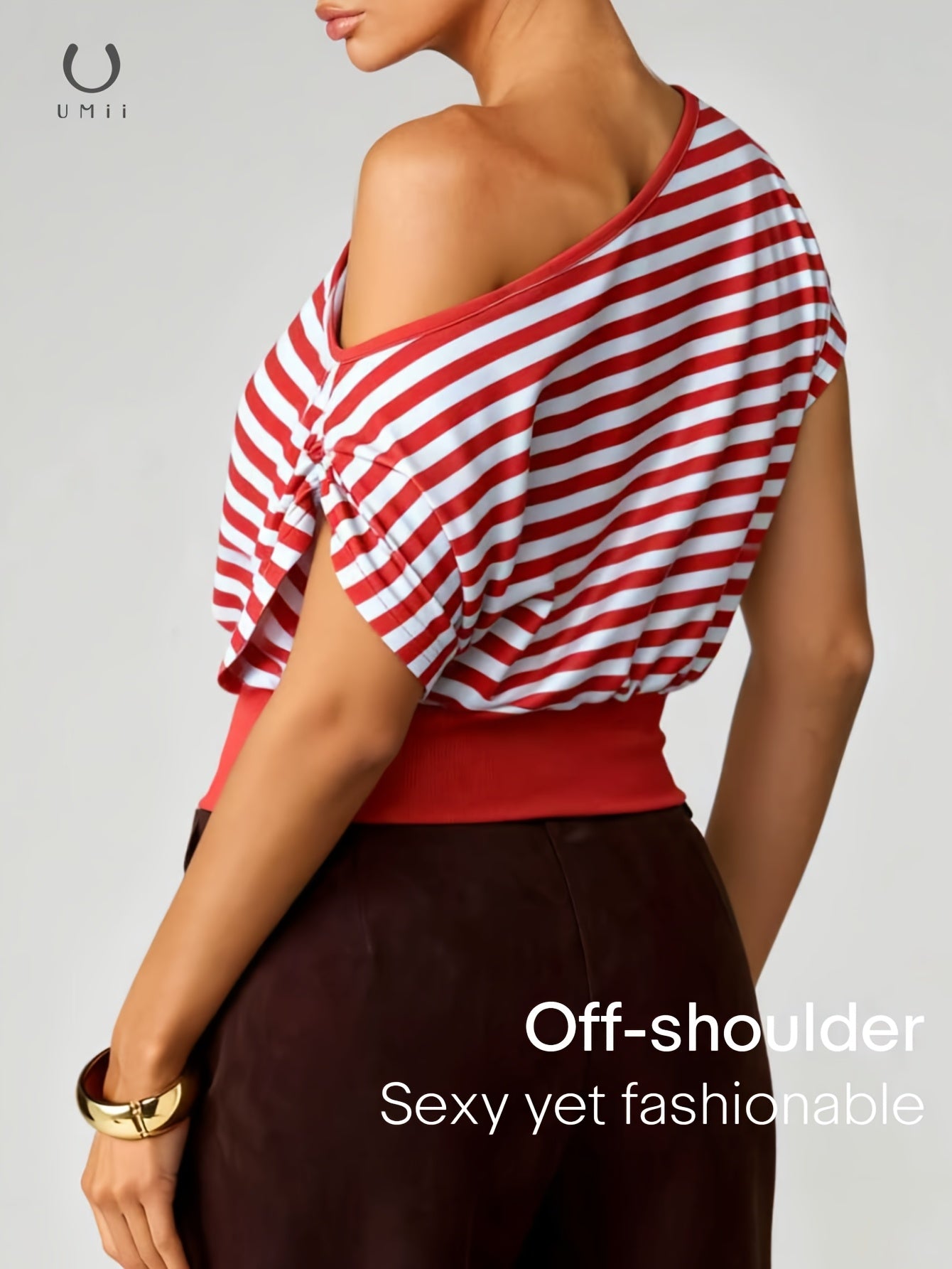 Women's Red & White Striped One-Shoulder Batwing Top