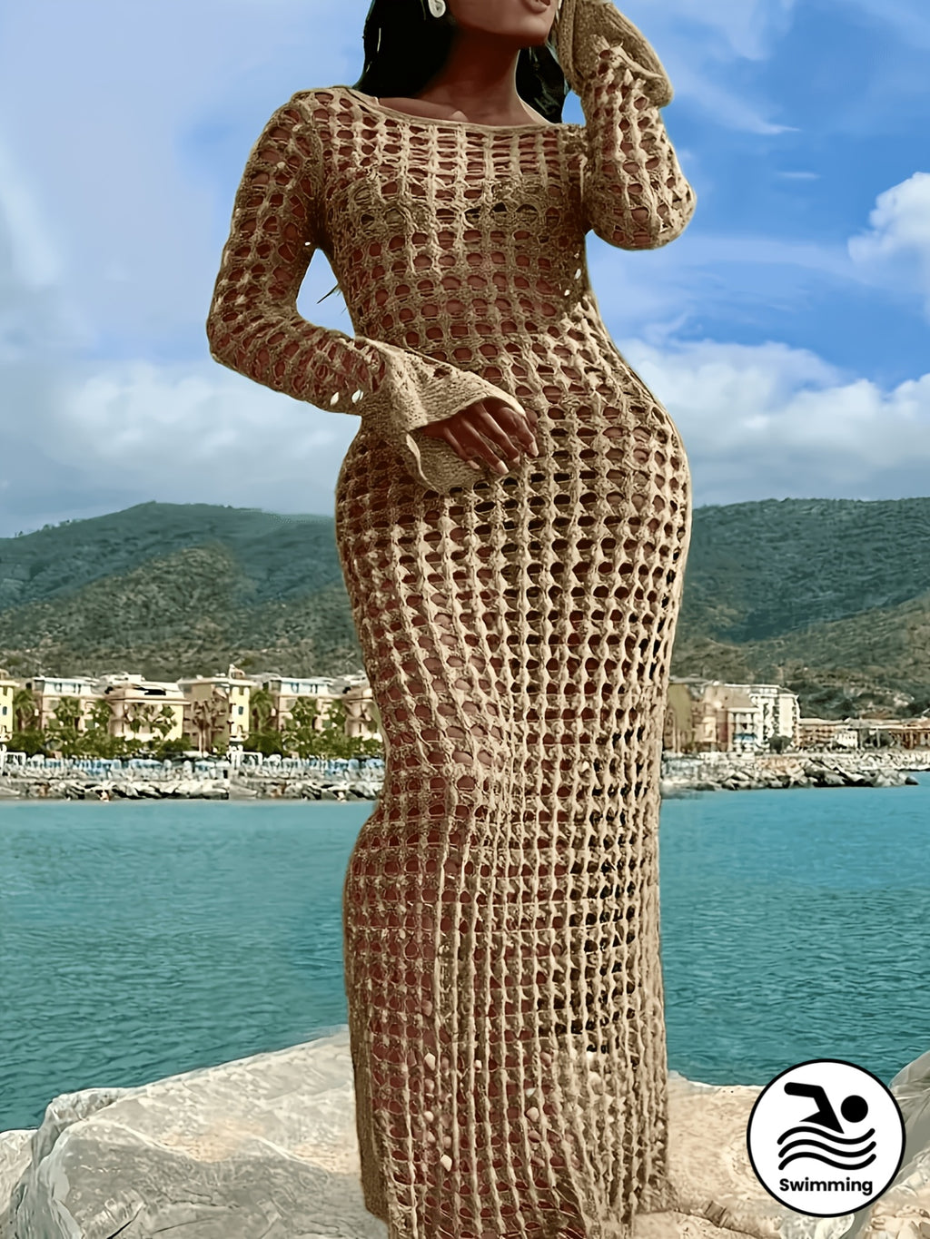 Plus Size Bohemian Hollow-Out Long Sleeve Beach Maxi Dress
