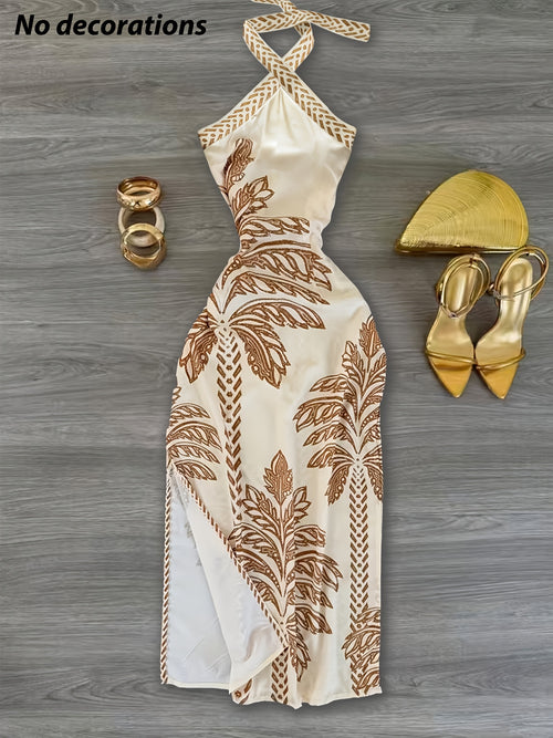 All-Season Dresses, Tropical Print, Off-Shoulder, Halter Tie-Straps, Slit Dress, Elegant for Parties, Y2K, Vacation, Streetwear, Socializing, Gatherings, Birthday Parties, New Year Attire, Valentine'S Day, Women'S Clothing