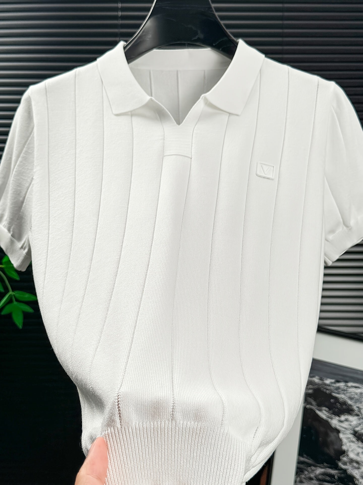 Men'S Knit Polo Shirt Short Sleeve V-Neck Vertical Stripes, Business Casual Spring Summer Commute Top, 1pc Multi-Occasion Ready