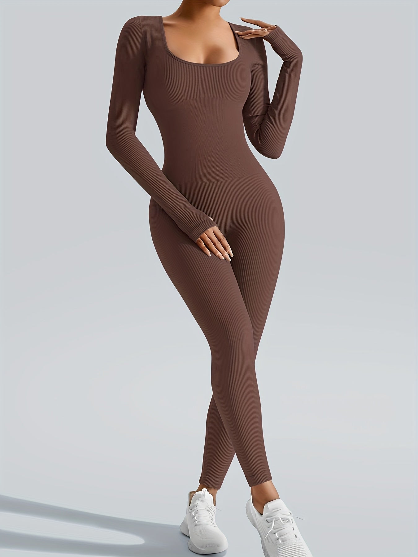 Sporty Fitness Ribbed Elastic Bodysuit: Stylish, Sexy Solid Color Jumpsuit, All-Season Wear – Durable and Easy to Care for