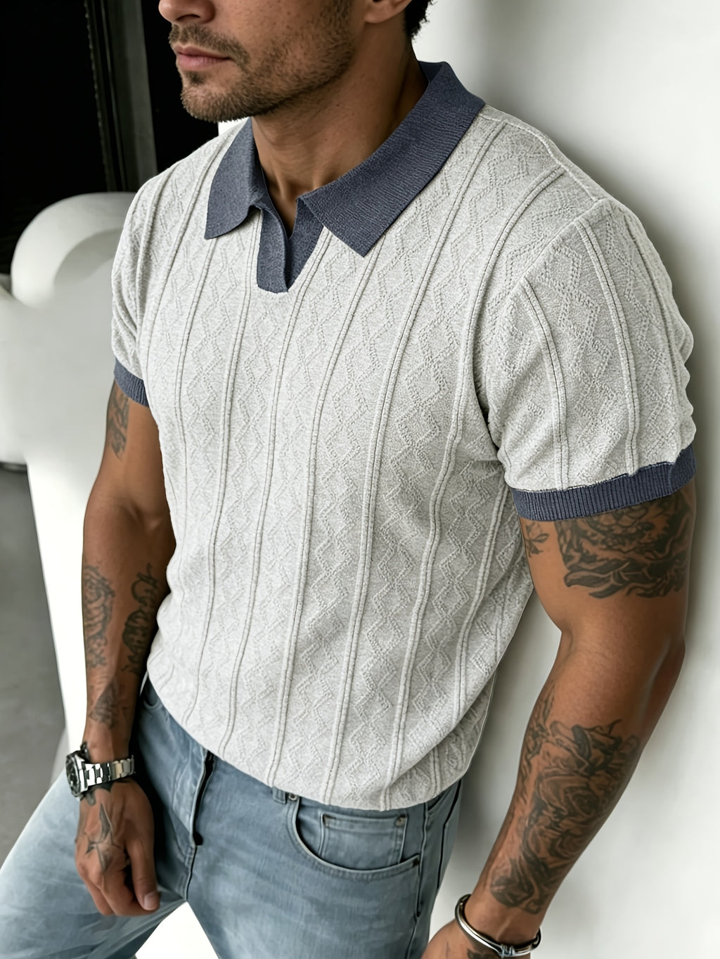 Men'S Jacquard Knit Short Sleeve, Summer Contrast Collar T-Shirt, Suitable for Office Commute, Golf