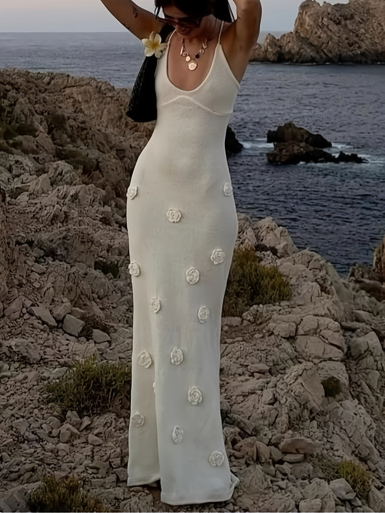 Women's 3D Floral White Halter Neck Vacation Maxi Dress
