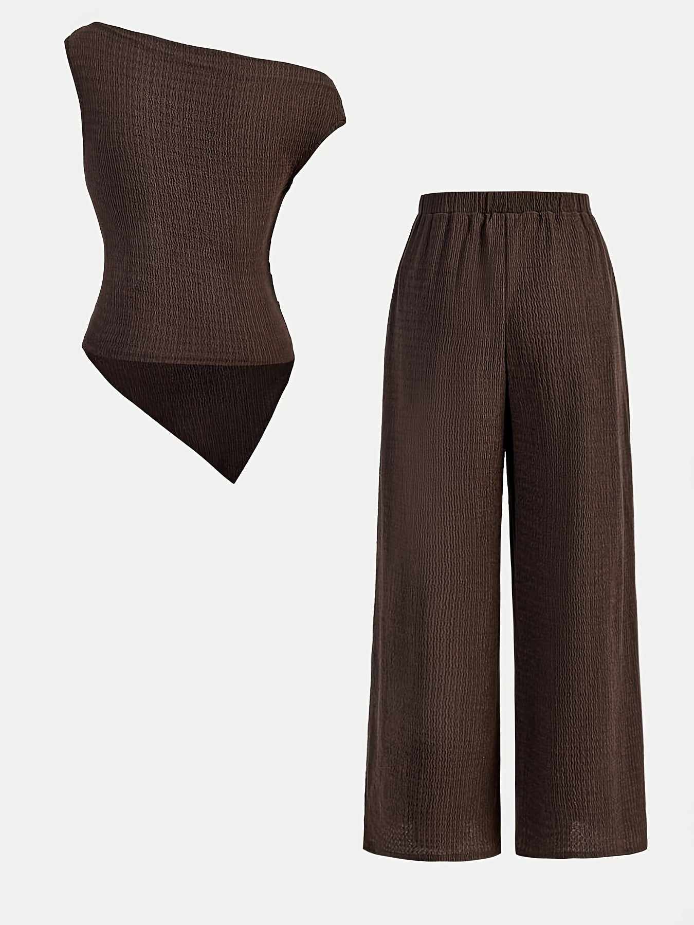 2pcs Set, Including a Casual Coffee-colored Pleated Off-shoulder Sleeve Knit Top and Flared Pants, Suitable for Home, Outdoor, Travel, Daily Casual Wear, and School Occasions, Perfect for Outdoor