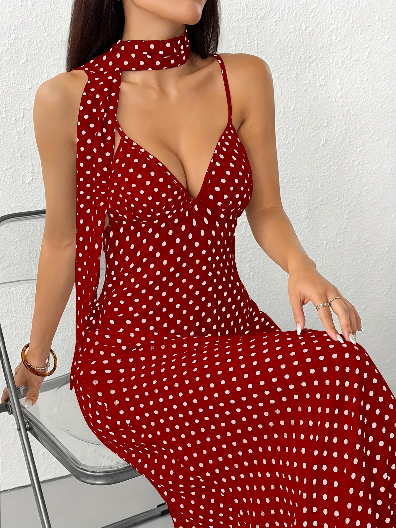 Women's Red Polka Dot Deep V-Neck Backless Halter Maxi Dress