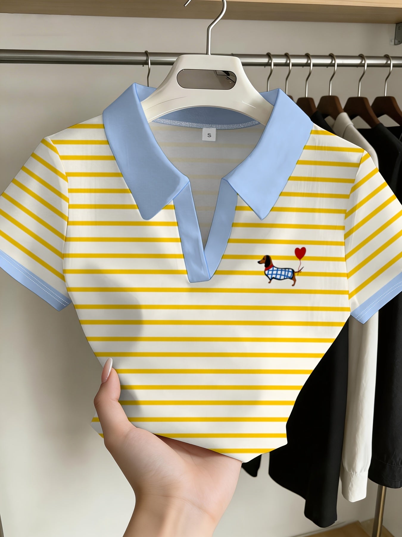Women's Striped Sausage Dog Print Slim V-Neck Polo Top