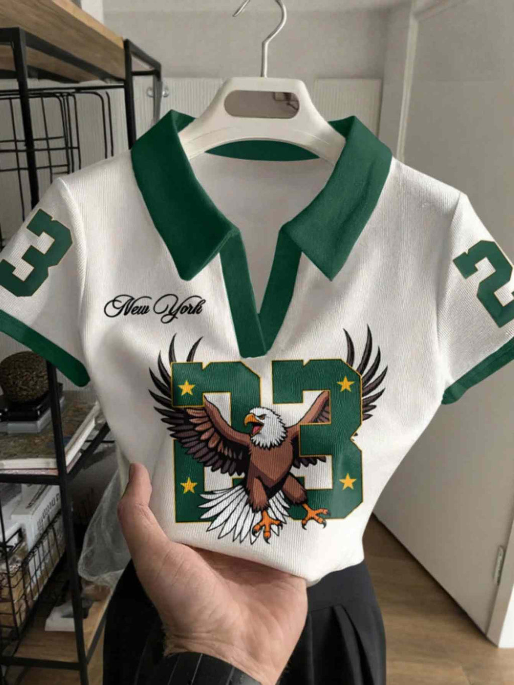 White And Green Color Block New York Eagles 23 Print: Street Retro Slim Fit Lapel Short Sleeve