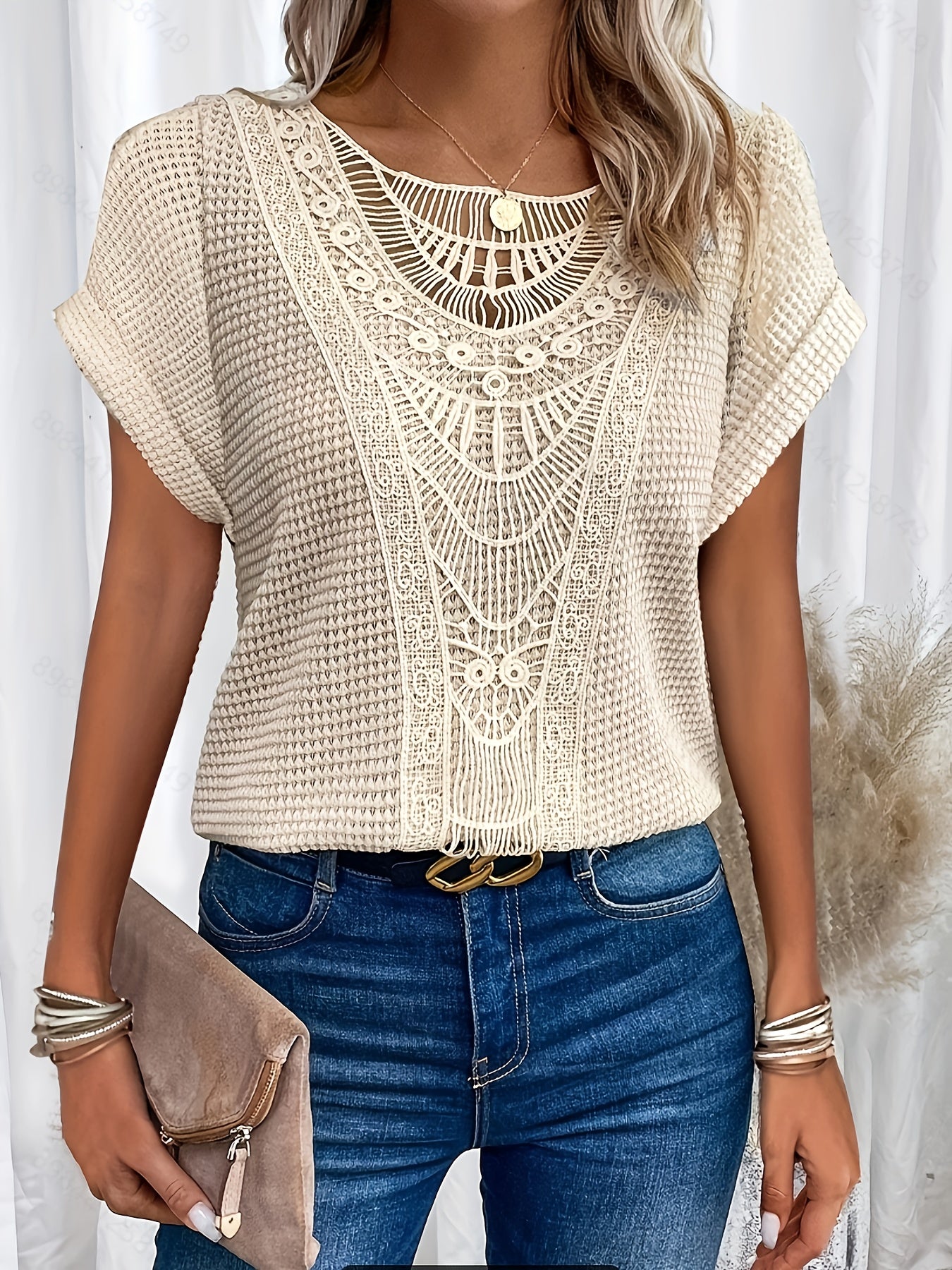 Women's Batwing Sleeve Lace Trim Semi-Sheer Blouse