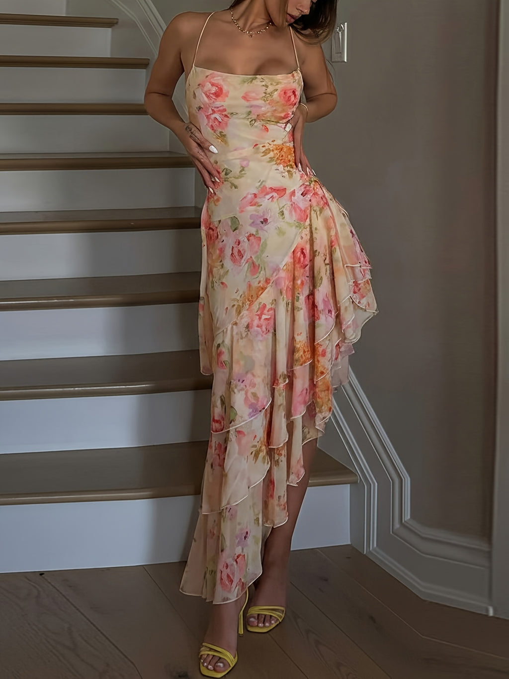 Elegant Vacation Style Floral Print Dress, Asymmetrical Ruffled Flared Suspender Dress Women'S Summer Beach Outing Long Dress