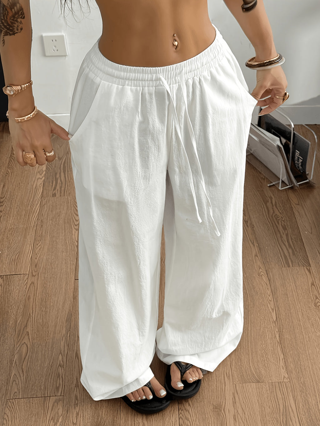 A Solid-color Wide-leg Pants, Casual Elastic Waist Loose Straight-leg Trousers