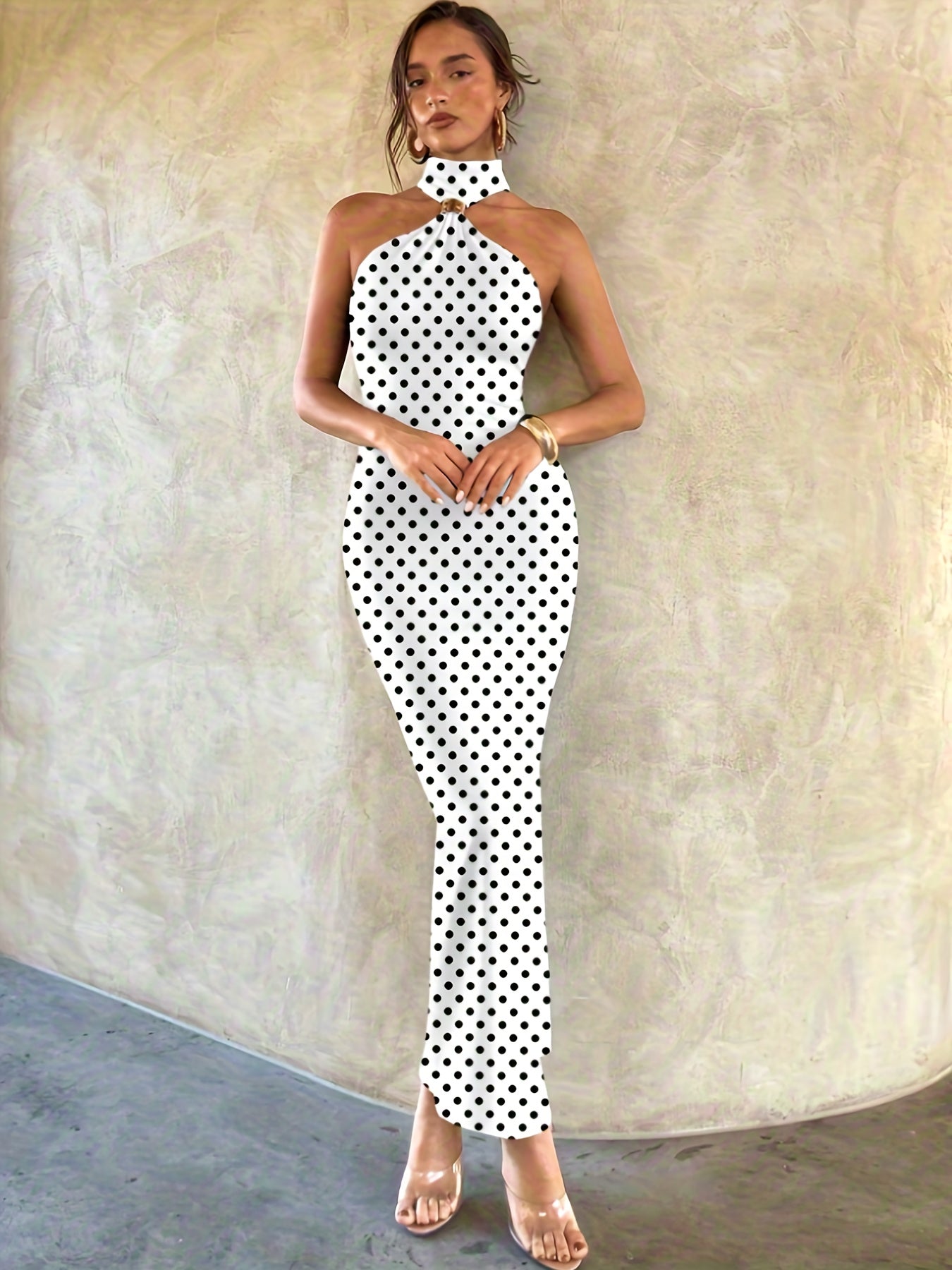 Women's Polka Dot Metal Buckle Hollow Slim Knit Dress