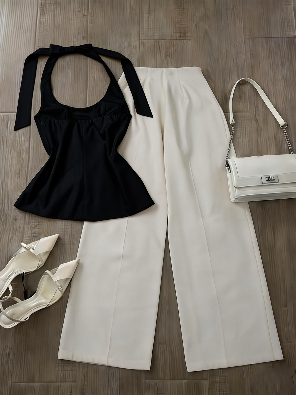 Women's and Gentle Mature Style Halter Neck Camisole Top + Wide-Leg Pants Set, 2pcs Set, Women's Set, Women's 2pcs Outfit