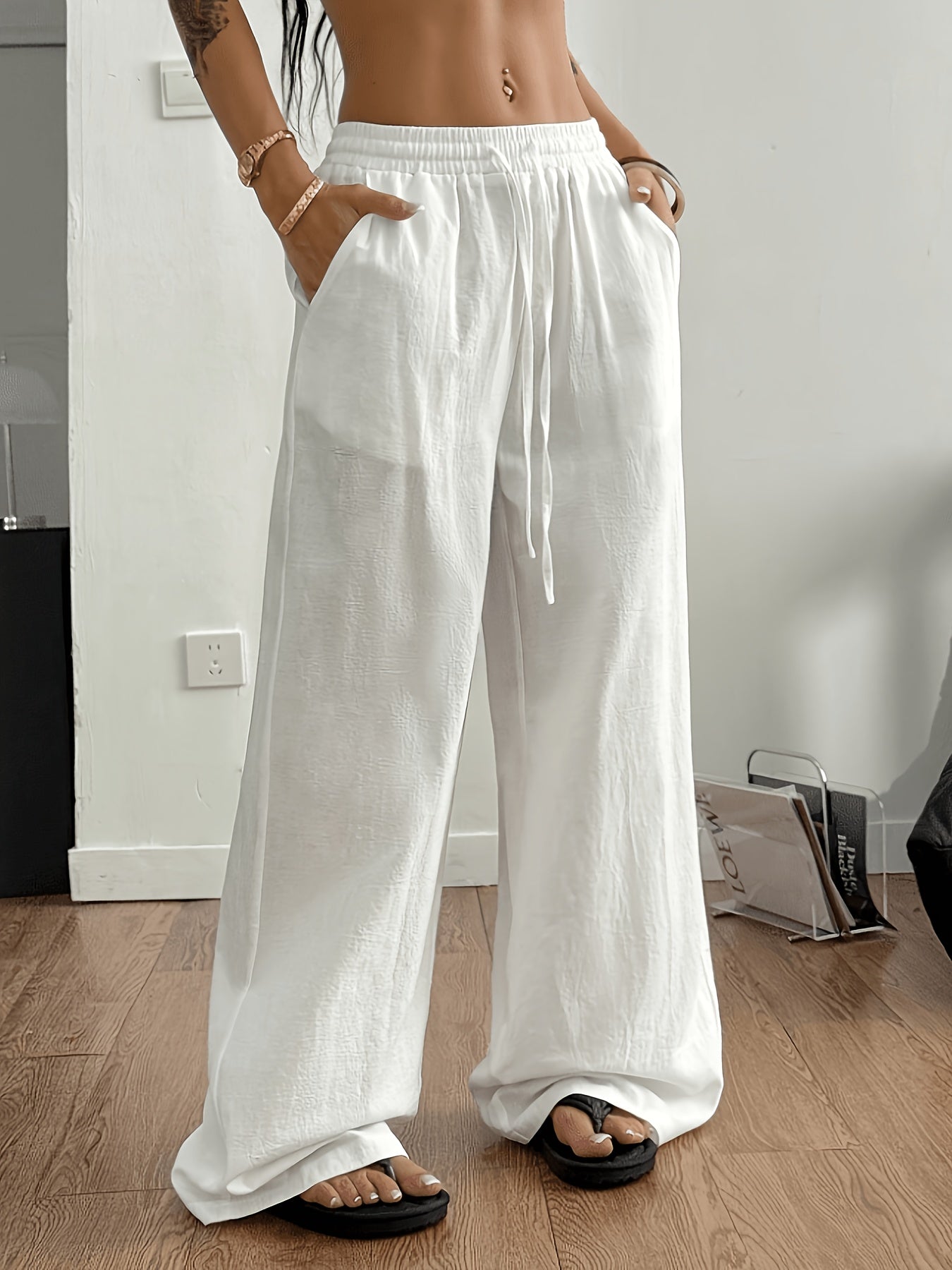 A Solid-color Wide-leg Pants, Casual Elastic Waist Loose Straight-leg Trousers