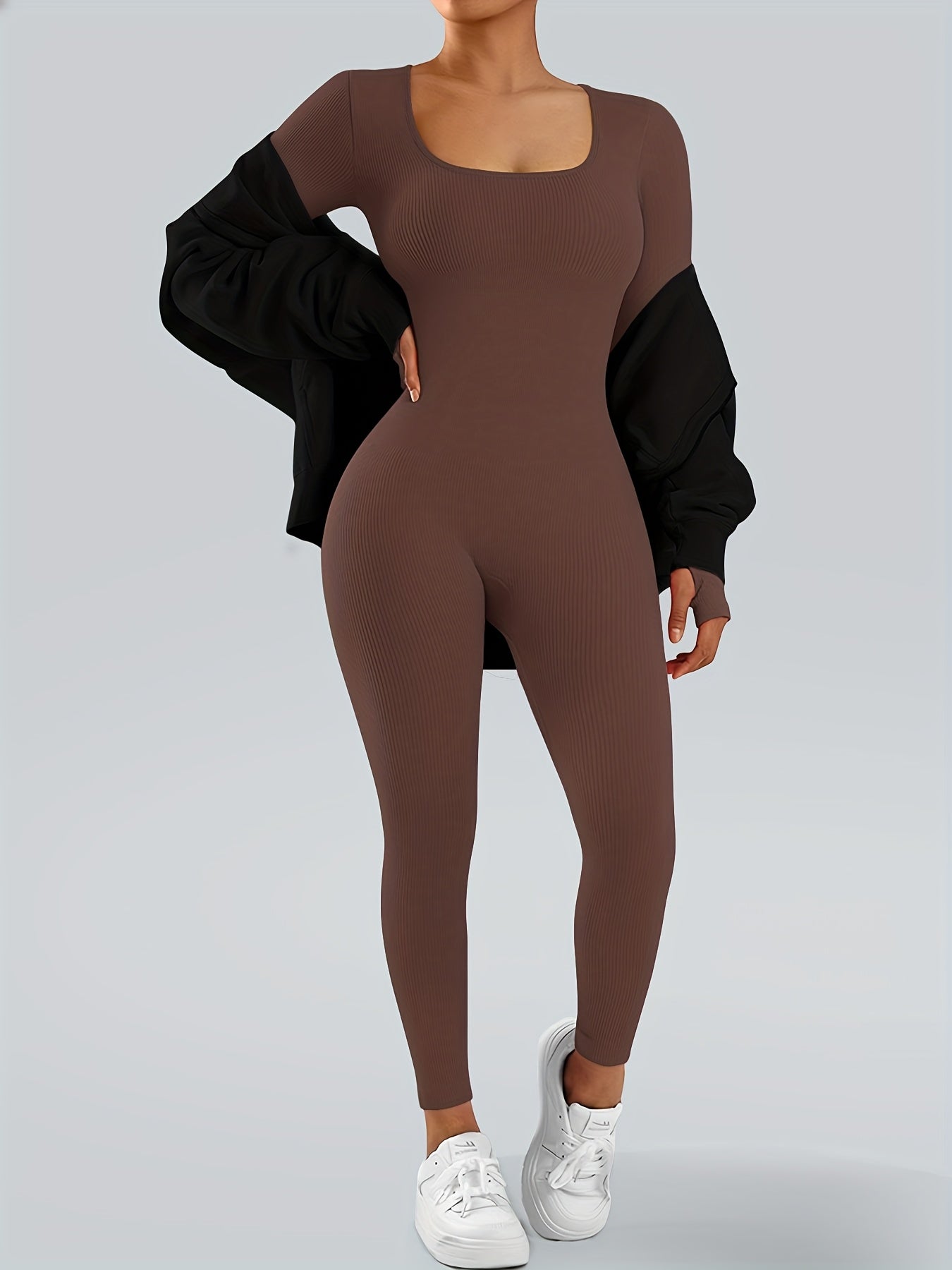 Sporty Fitness Ribbed Elastic Bodysuit: Stylish, Sexy Solid Color Jumpsuit, All-Season Wear – Durable and Easy to Care for
