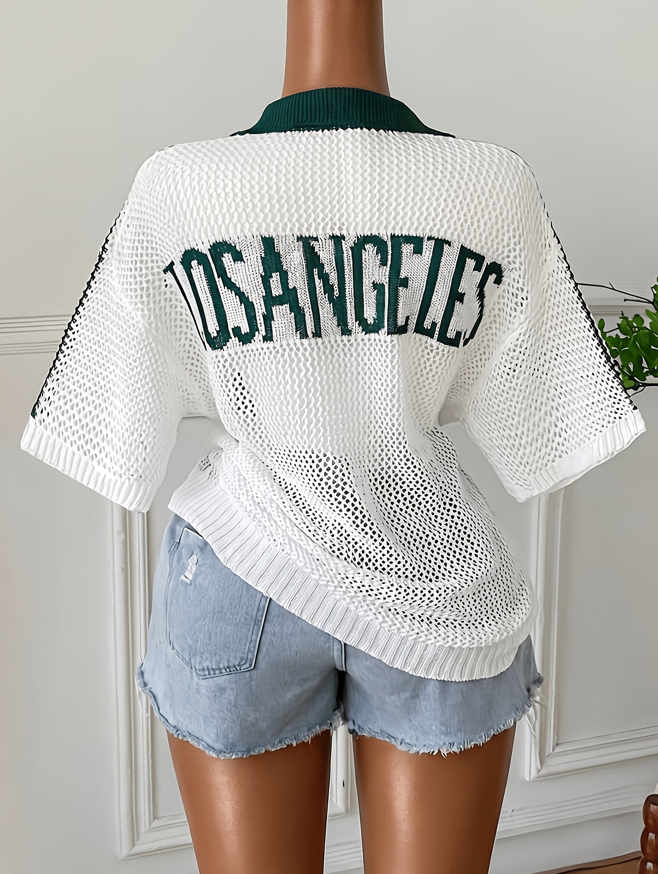 Plus Size - Plus Size - 2026 New European And American Plus Size College Style Big Letter Mesh T-Shirt, American Vintage Color Block Polo Collar Summer Hollow Loose Short Sleeve Top