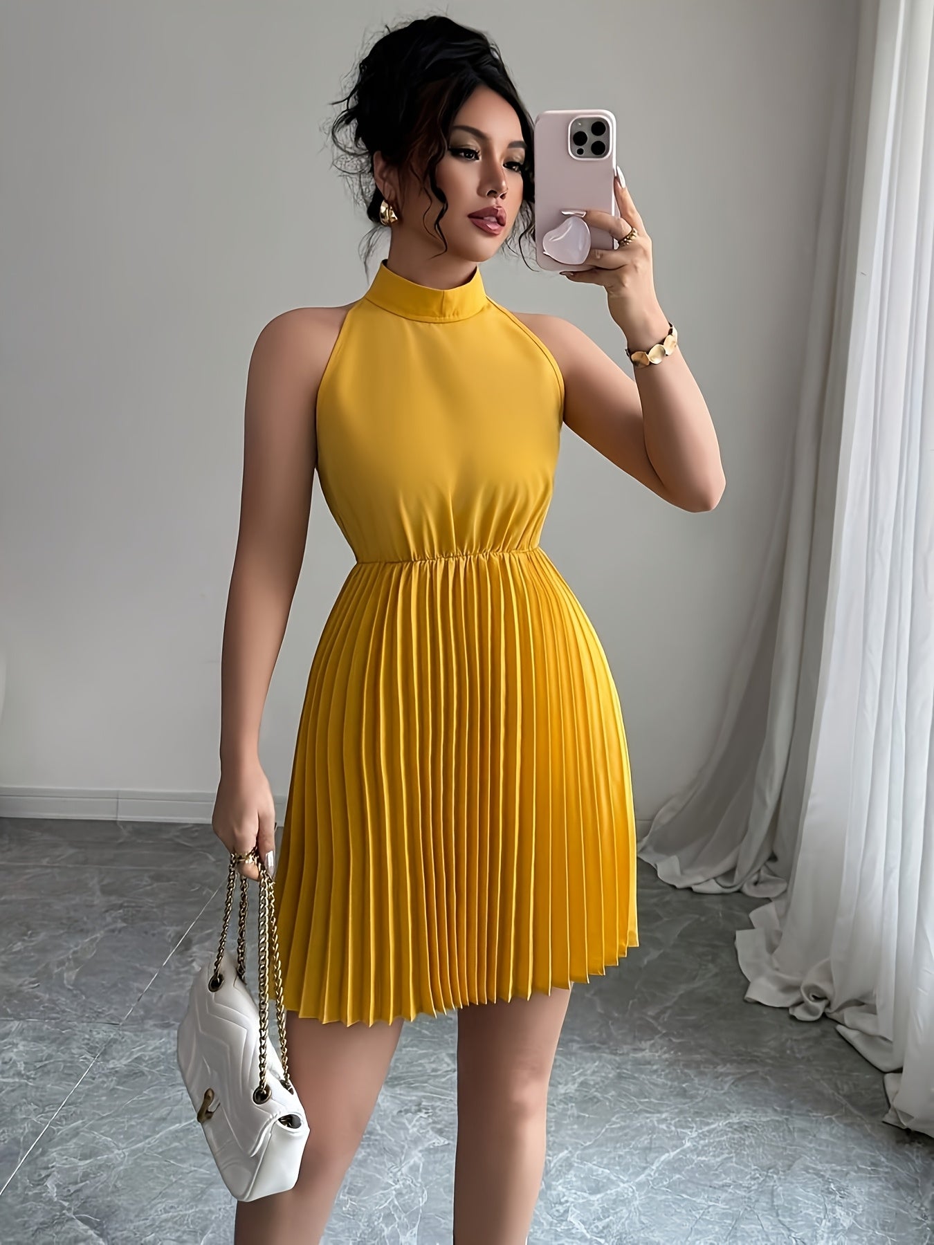 Stand-Up Collar Pleated Dress