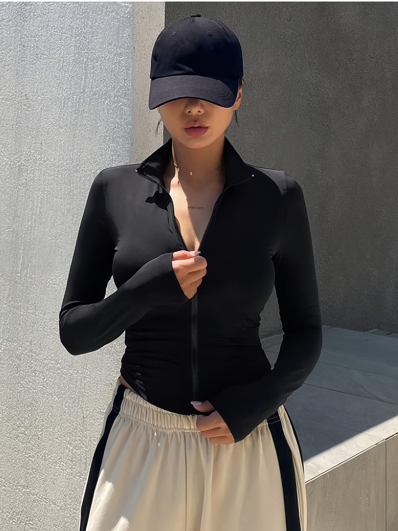Women's Solid Colour Long Sleeve Sport Zip Jacket