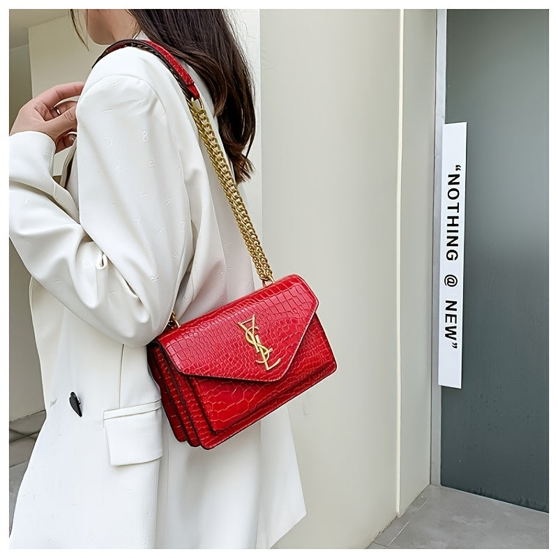 Women's Crocodile Pattern Gold Chain Crossbody Bag
