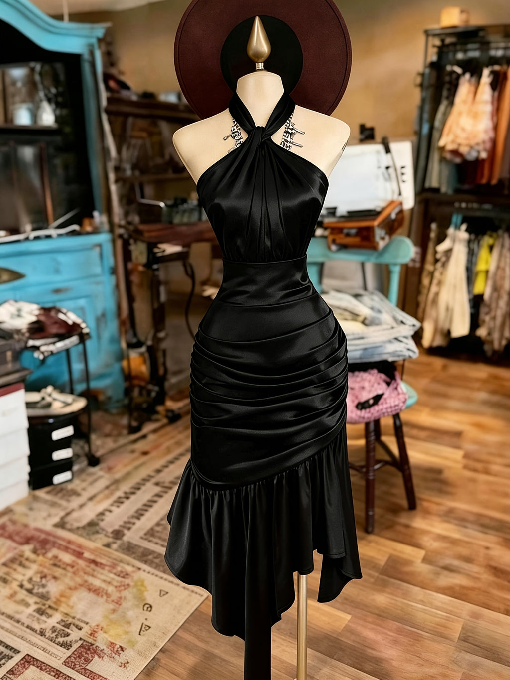 Black Satin Halter Ruched Dress