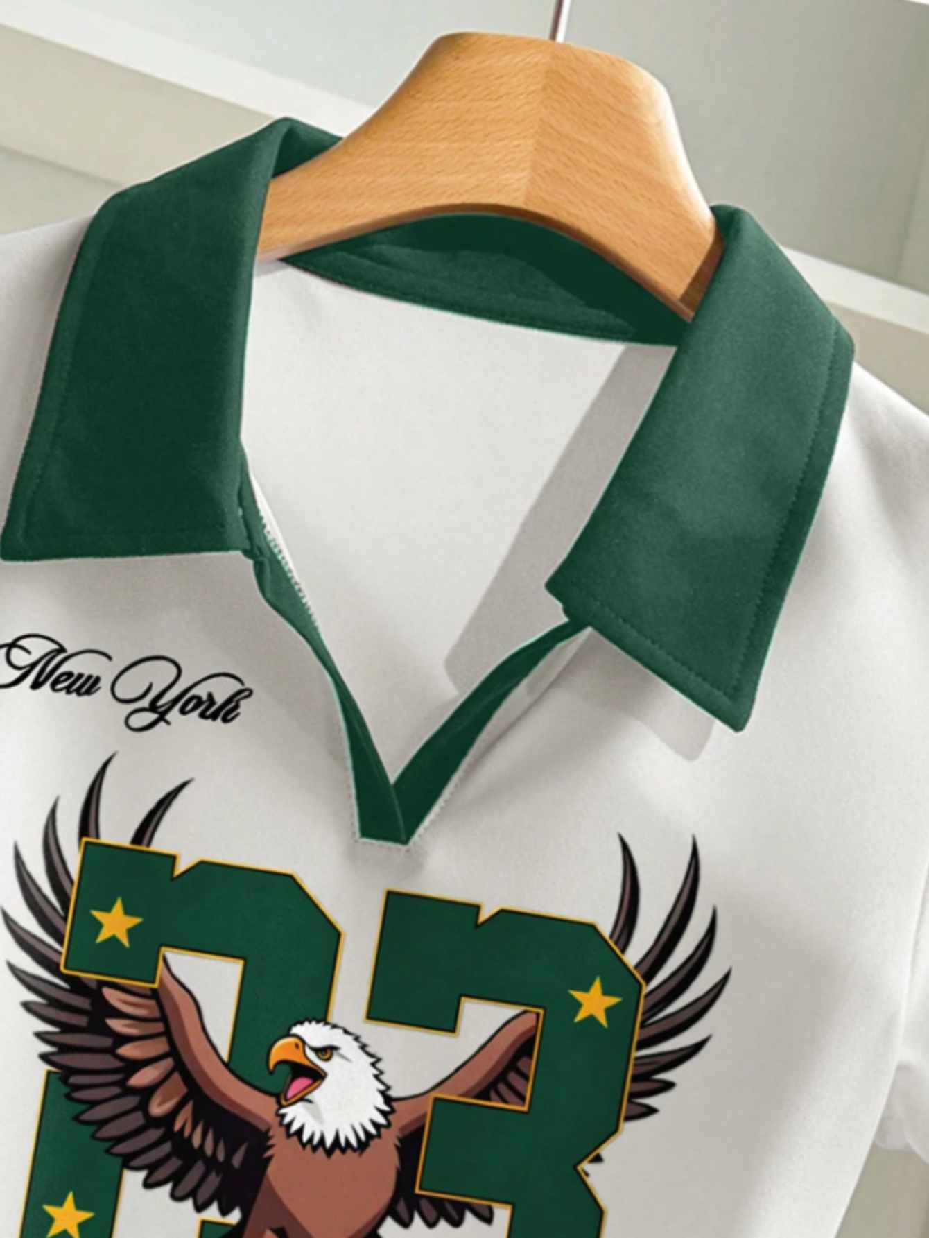 White And Green Color Block New York Eagles 23 Print: Street Retro Slim Fit Lapel Short Sleeve
