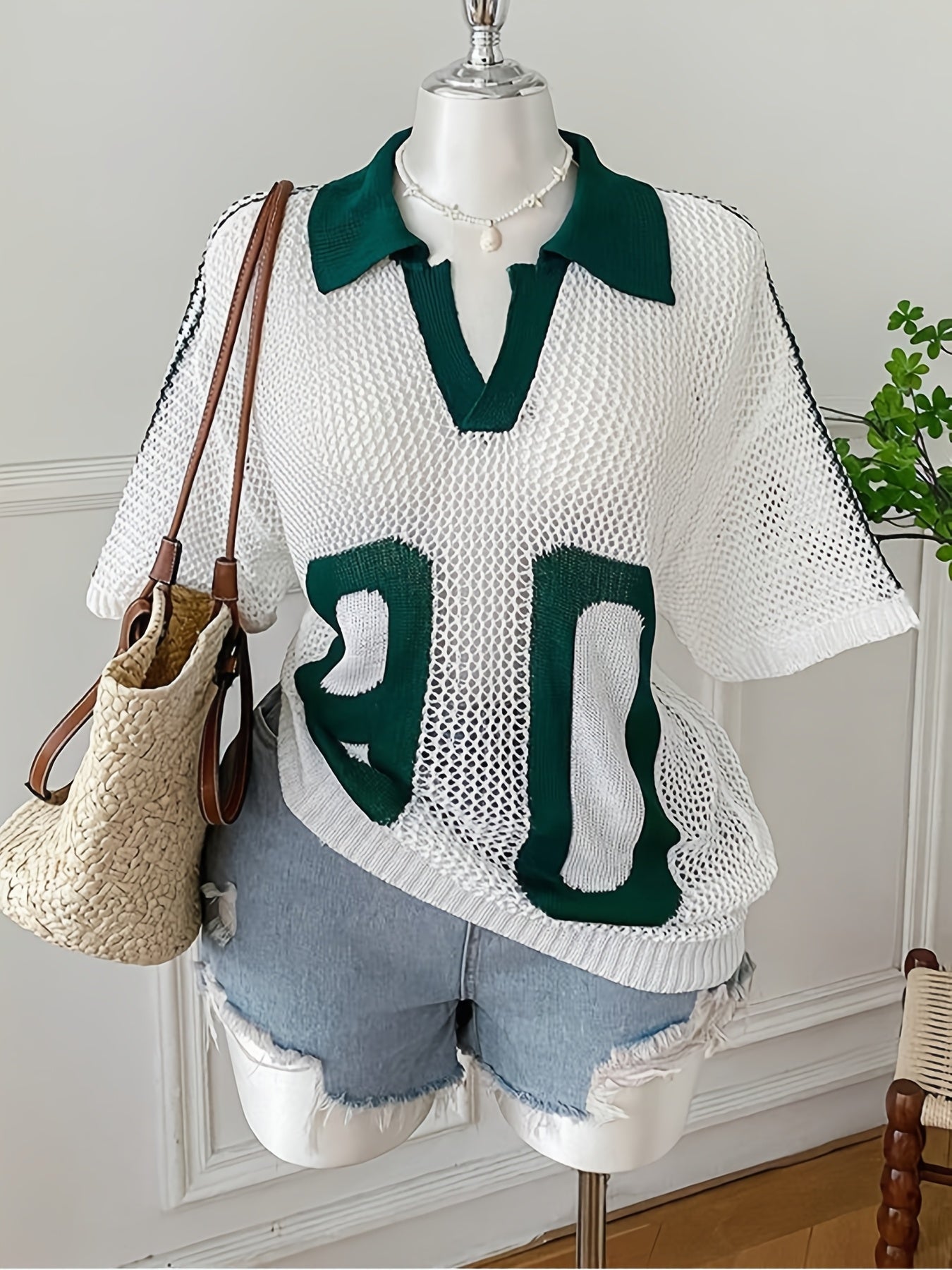 Plus Size - Plus Size - 2026 New European And American Plus Size College Style Big Letter Mesh T-Shirt, American Vintage Color Block Polo Collar Summer Hollow Loose Short Sleeve Top