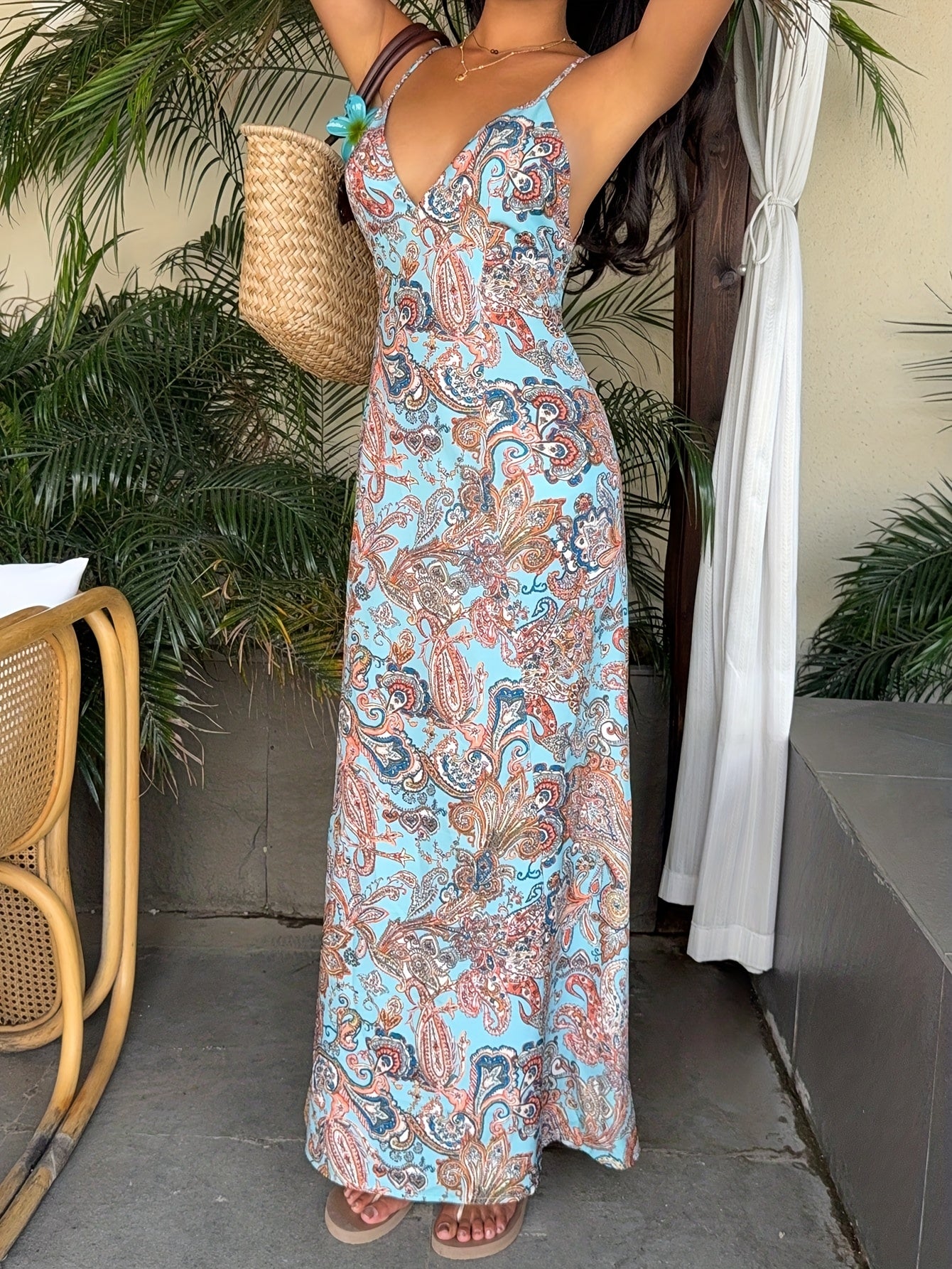 Women's Paisley Print V-Neck Backless Beach Maxi Dress