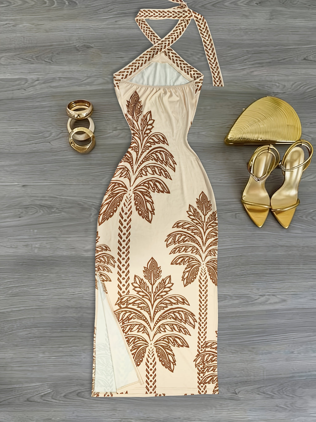 All-Season Dresses, Tropical Print, Off-Shoulder, Halter Tie-Straps, Slit Dress, Elegant for Parties, Y2K, Vacation, Streetwear, Socializing, Gatherings, Birthday Parties, New Year Attire, Valentine'S Day, Women'S Clothing