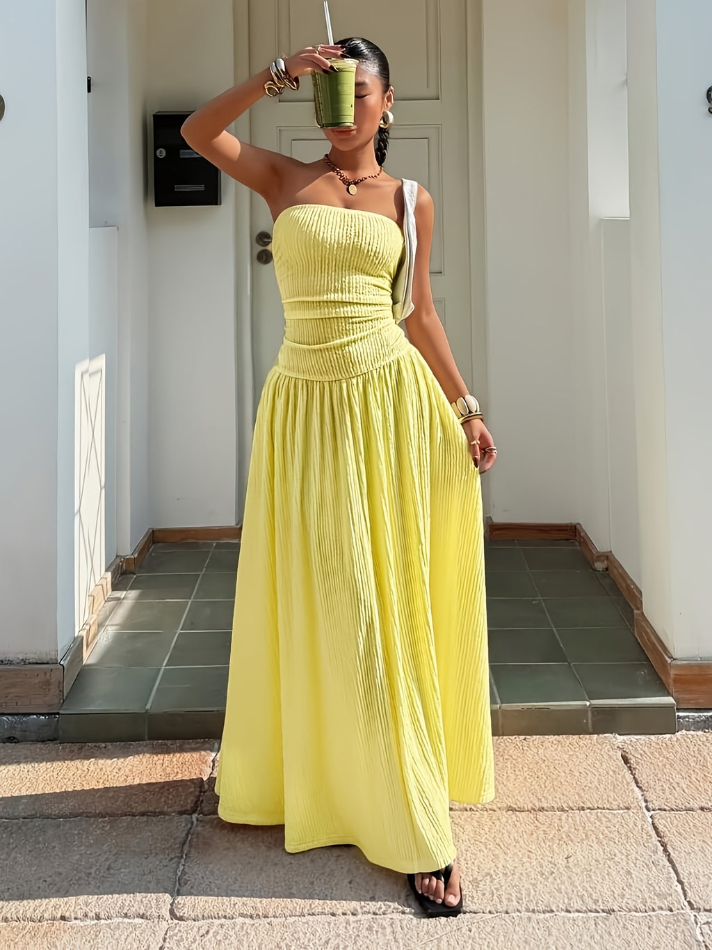 French-style Yellow Tube Top Ribbed Dress for Women, Summer Waist-cinching Vacation Long Dress, Beach Holiday Style