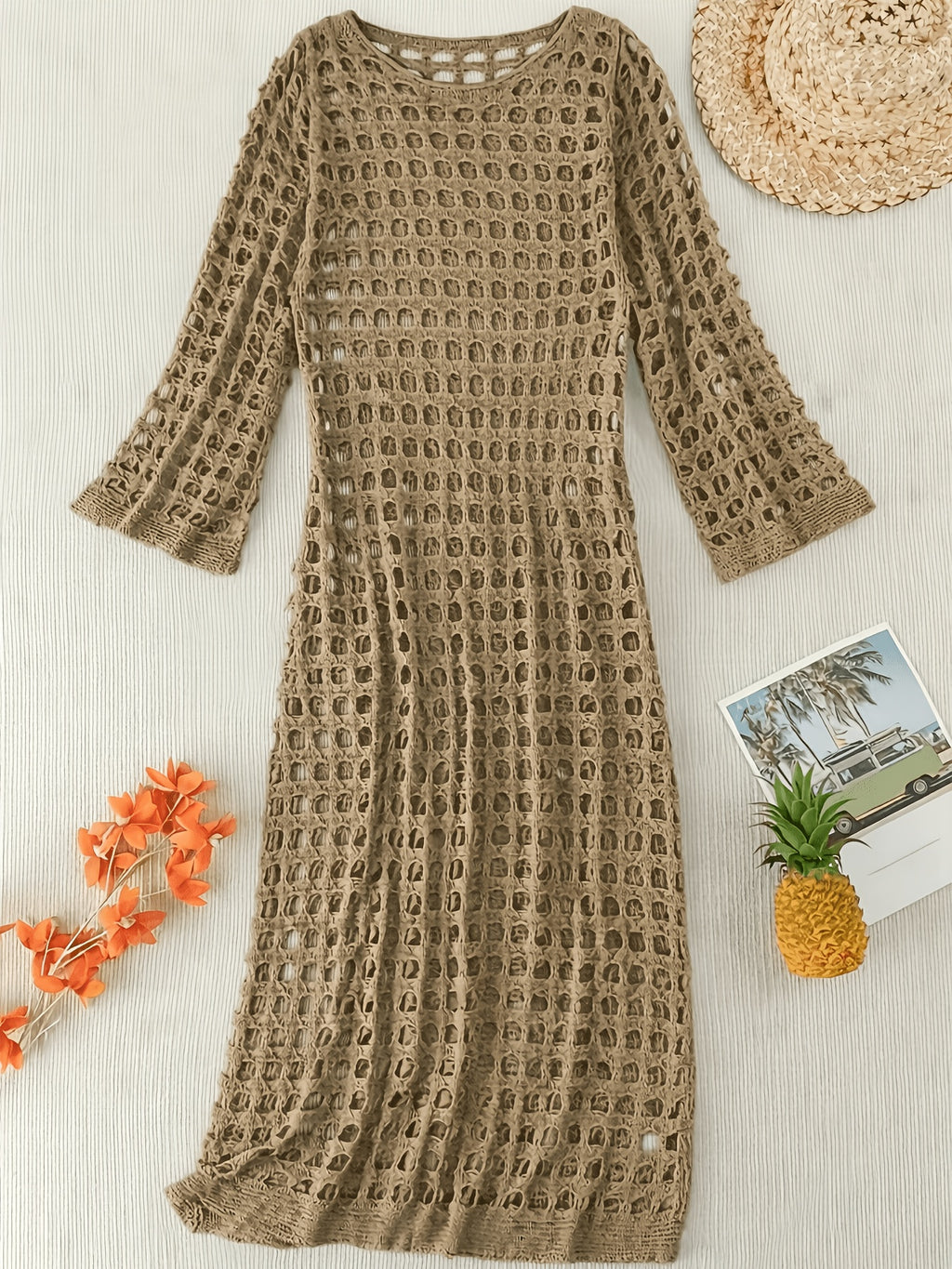 Plus Size Bohemian Hollow-Out Long Sleeve Beach Maxi Dress