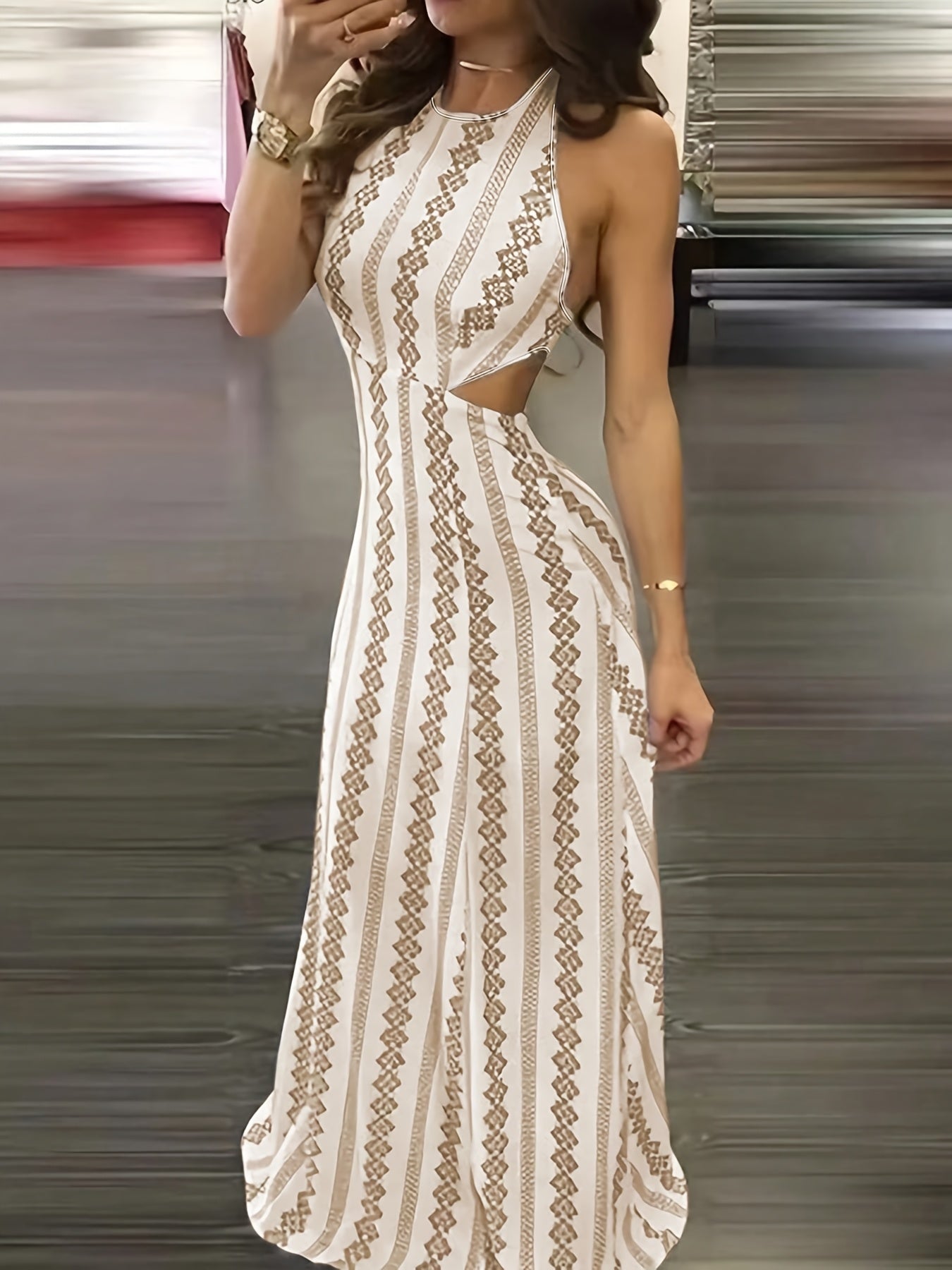 Women's Rhombus Print Backless Halter Neck Dress