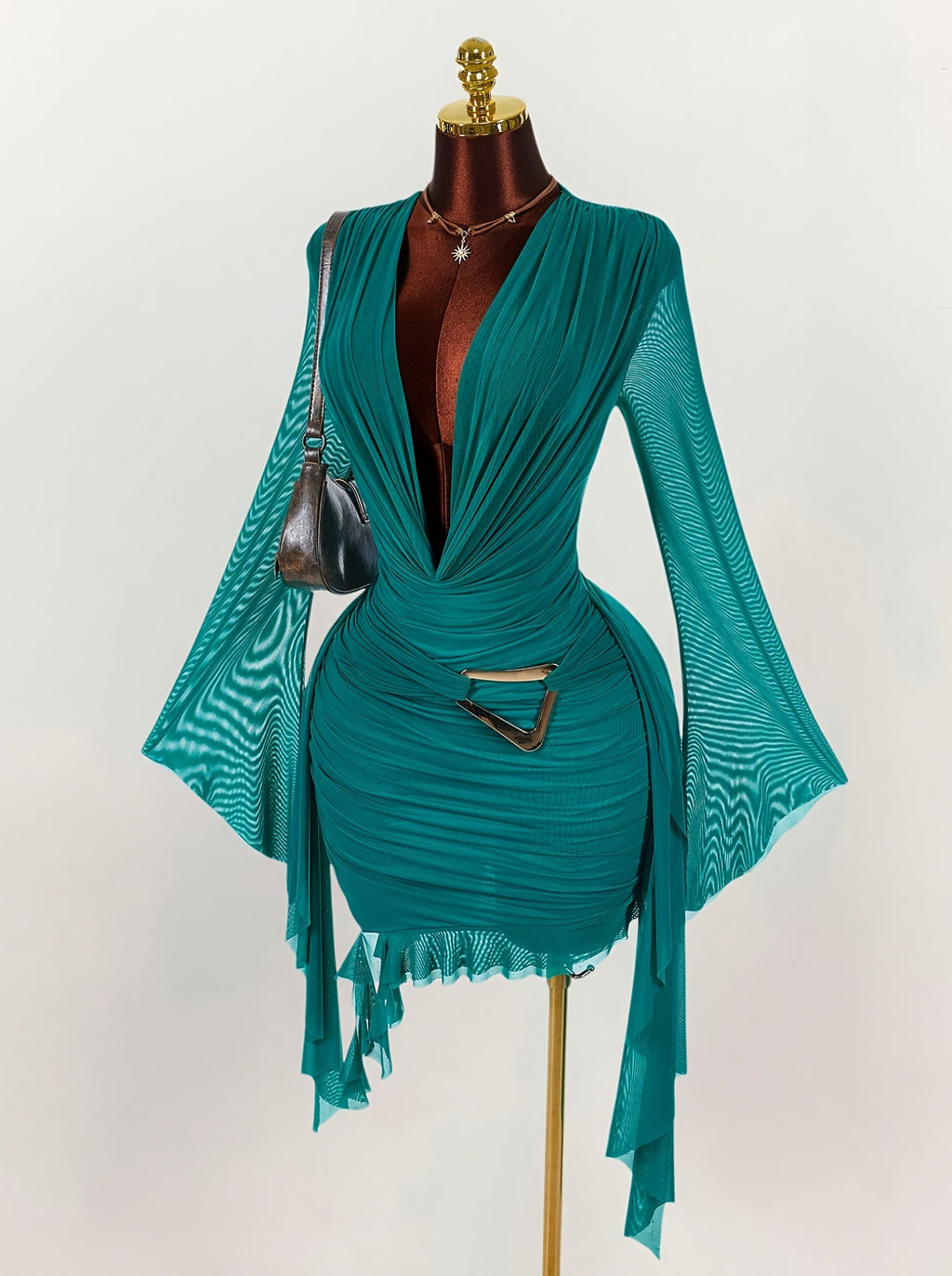Long Sleeve Green Mini Dress And Halter Neck, Su
