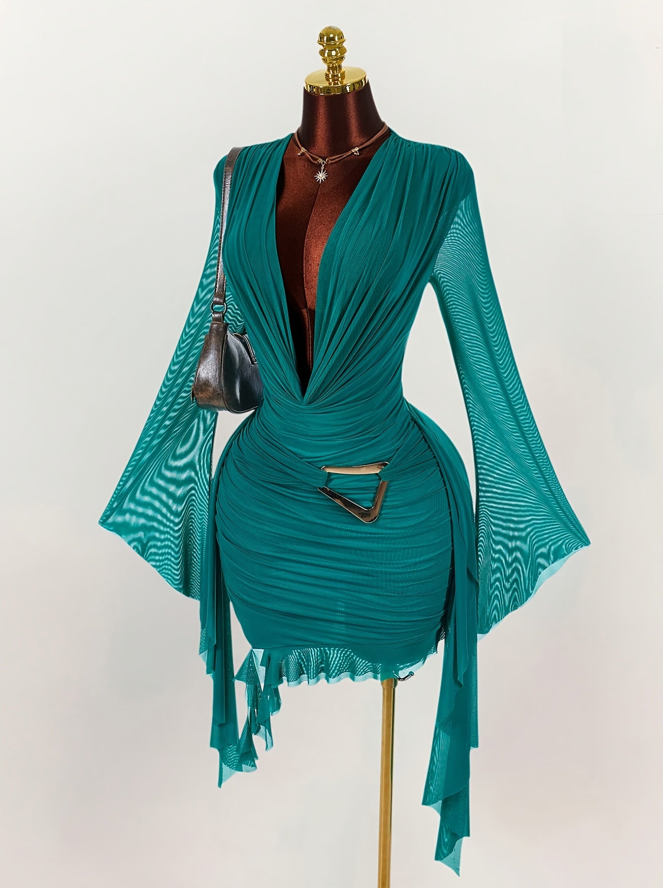 Long Sleeve Green Mini Dress And Halter Neck, Su