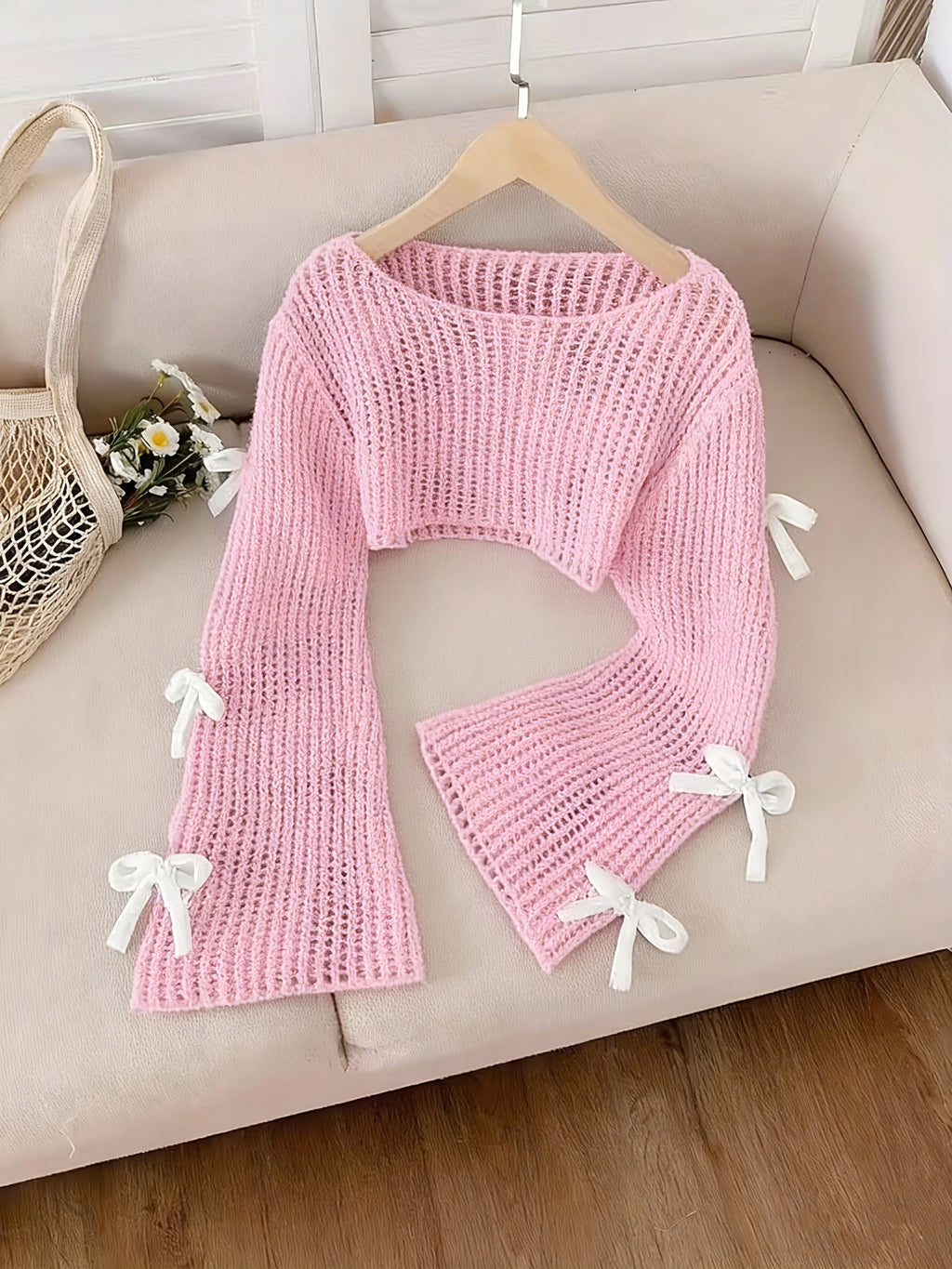 Girl's Beige Pullover Sweater, Cute Casual Fashion 3D Pink Bow Knitted Sweater for Girls, Children's Sweater, Teen Girl Clothing, Bow Sweater for Kids