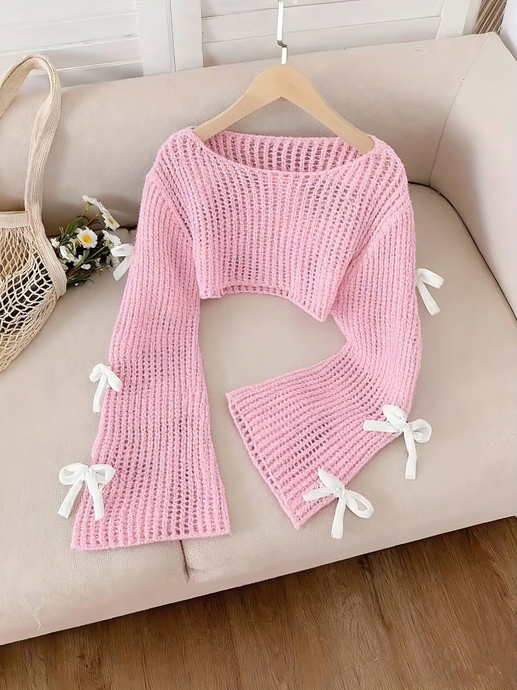 Girl's Beige Pullover Sweater, Cute Casual Fashion 3D Pink Bow Knitted Sweater for Girls, Children's Sweater, Teen Girl Clothing, Bow Sweater for Kids