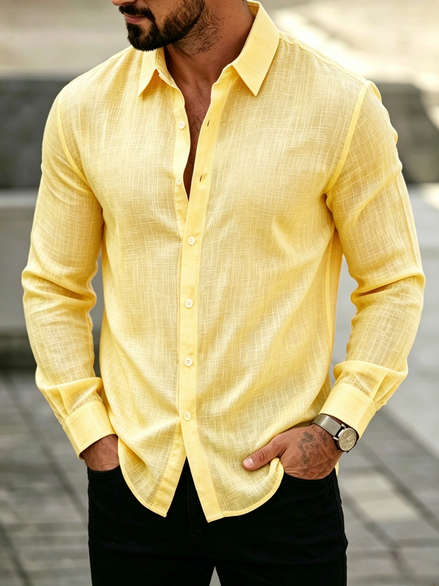 Men's Summer Tencel Textured Lapel Long-Sleeve Shirt, Loose Holiday Style, Breathable and Non-Stuffy, Slim Fit, for Daily Commuting or Beach Vacations, Solid Color Brightens Light Beige and Creates a Relaxed Look, Slim Fit Suits Various Body Types