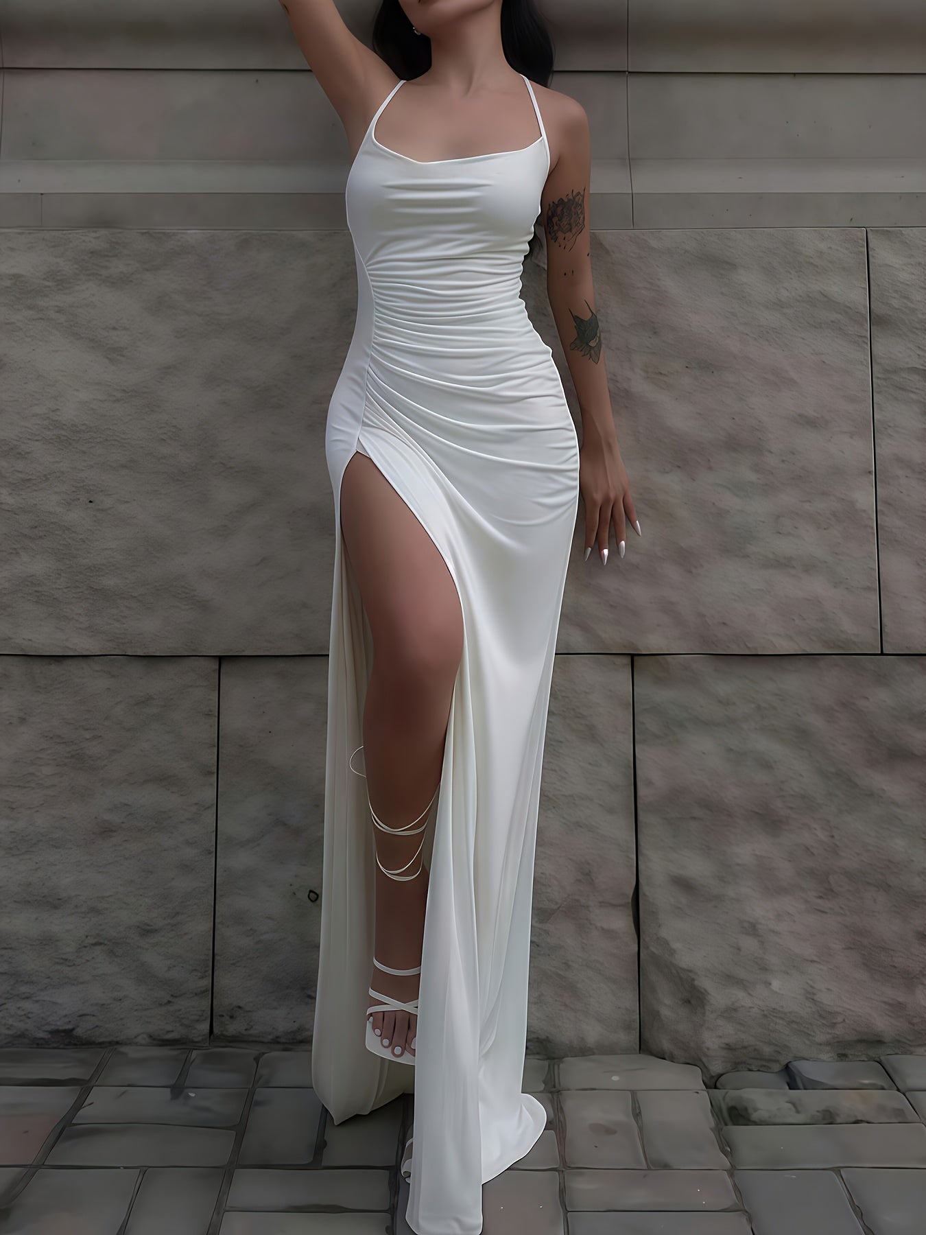 Women's Pleated Hem Halter High Waist Suspender Maxi Dress