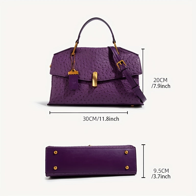 Elegant Purple Ostrich Pattern Handbag for Wo  - Luxury Handbag with Golden-Tone Hardware, Detachable Shoulder Strap & Option, Perfect for Commuting or Everyday Use