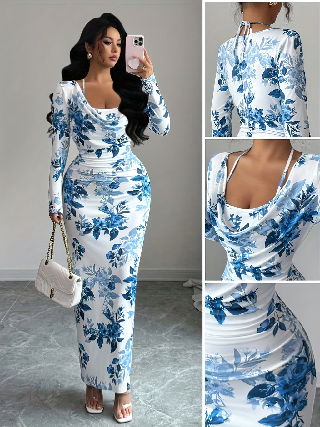 Women's Drop Collar Halter Tie Digital Print Dress
