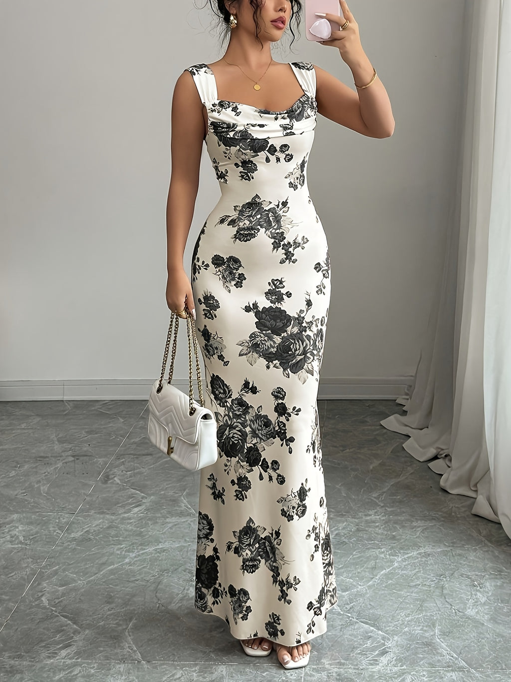 Women's Floral Print Square Neck Bodycon Maxi Dress
