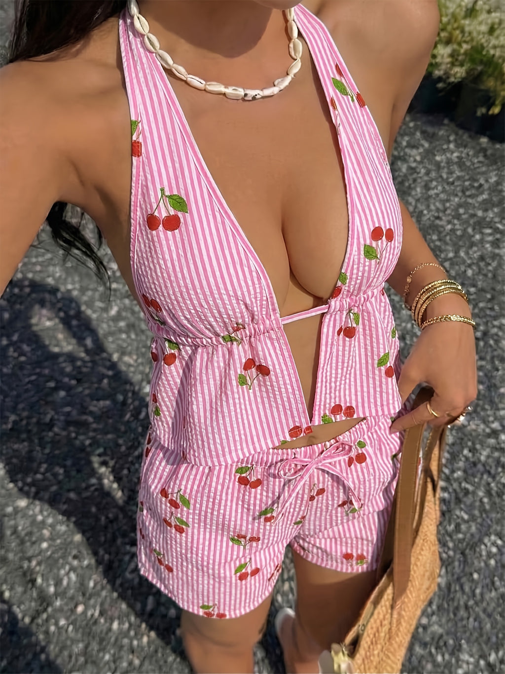 Women's Pink Striped Cherry Print Bow Pajama Set