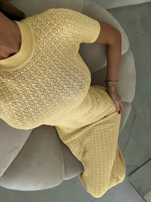 Directional Style Women'S Beach Vacation Party Elegant Textured Hollow-Out Cream Short Sleeve Dress
