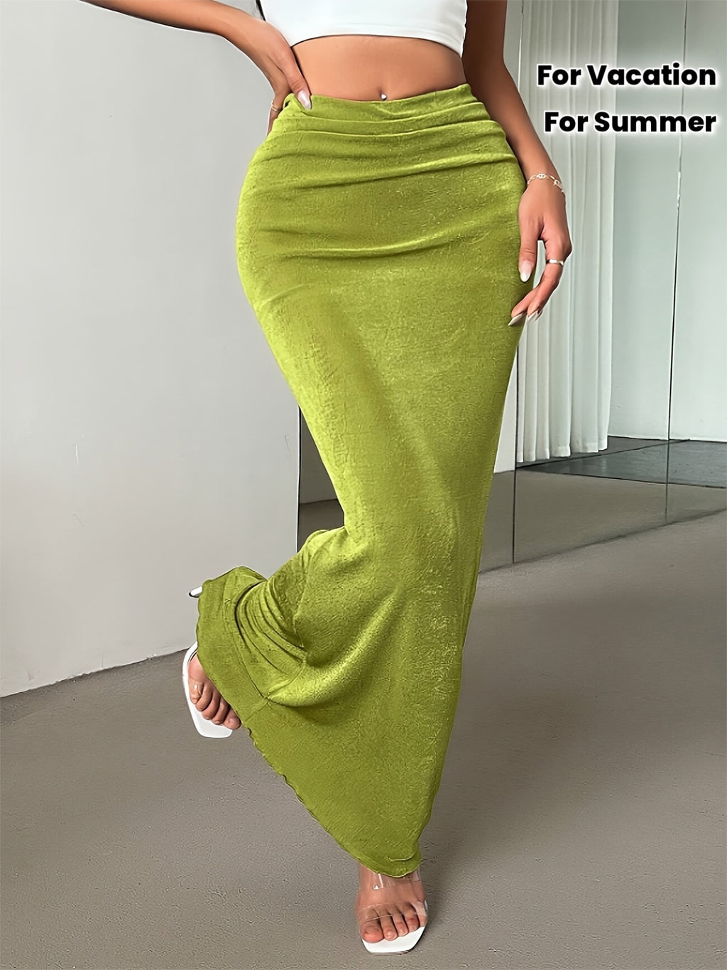 New Summer Women's Simple and Elegant Green Low-Waist Maxi Skirt, Suitable for Summer Vacations, Solid Color Mermaid Skirt, Women's Half Skirt
