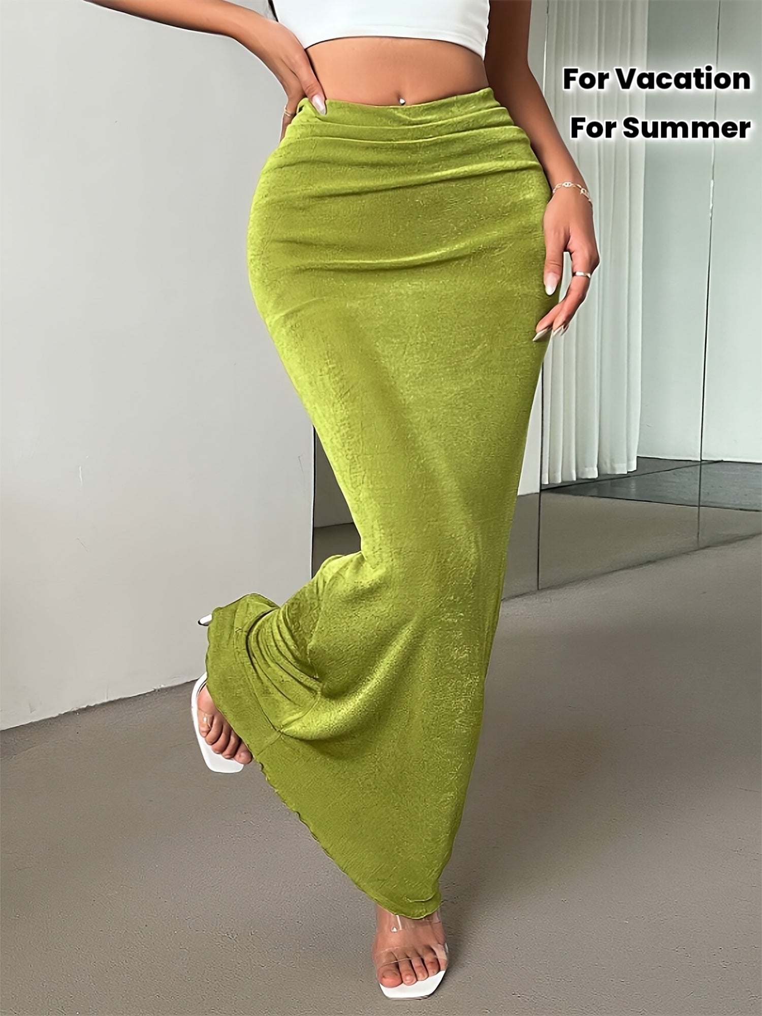 New Summer Women's Simple and Elegant Green Low-Waist Maxi Skirt, Suitable for Summer Vacations, Solid Color Mermaid Skirt, Women's Half Skirt