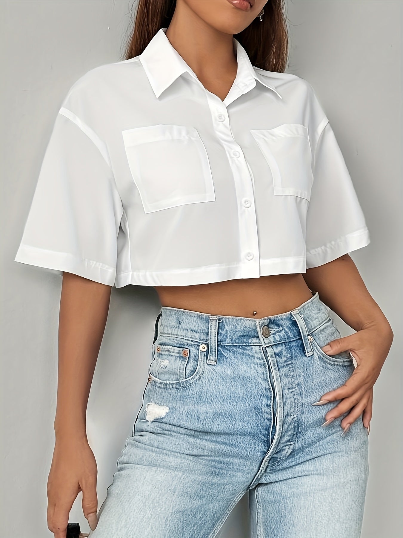 Women's Short Solid Color Pocket Shirt