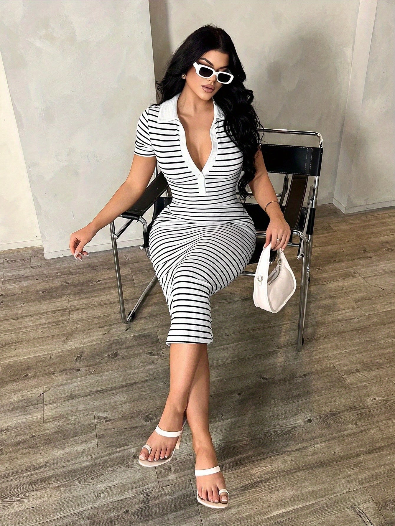 Women's Black & White Striped Polo Bodycon Dress