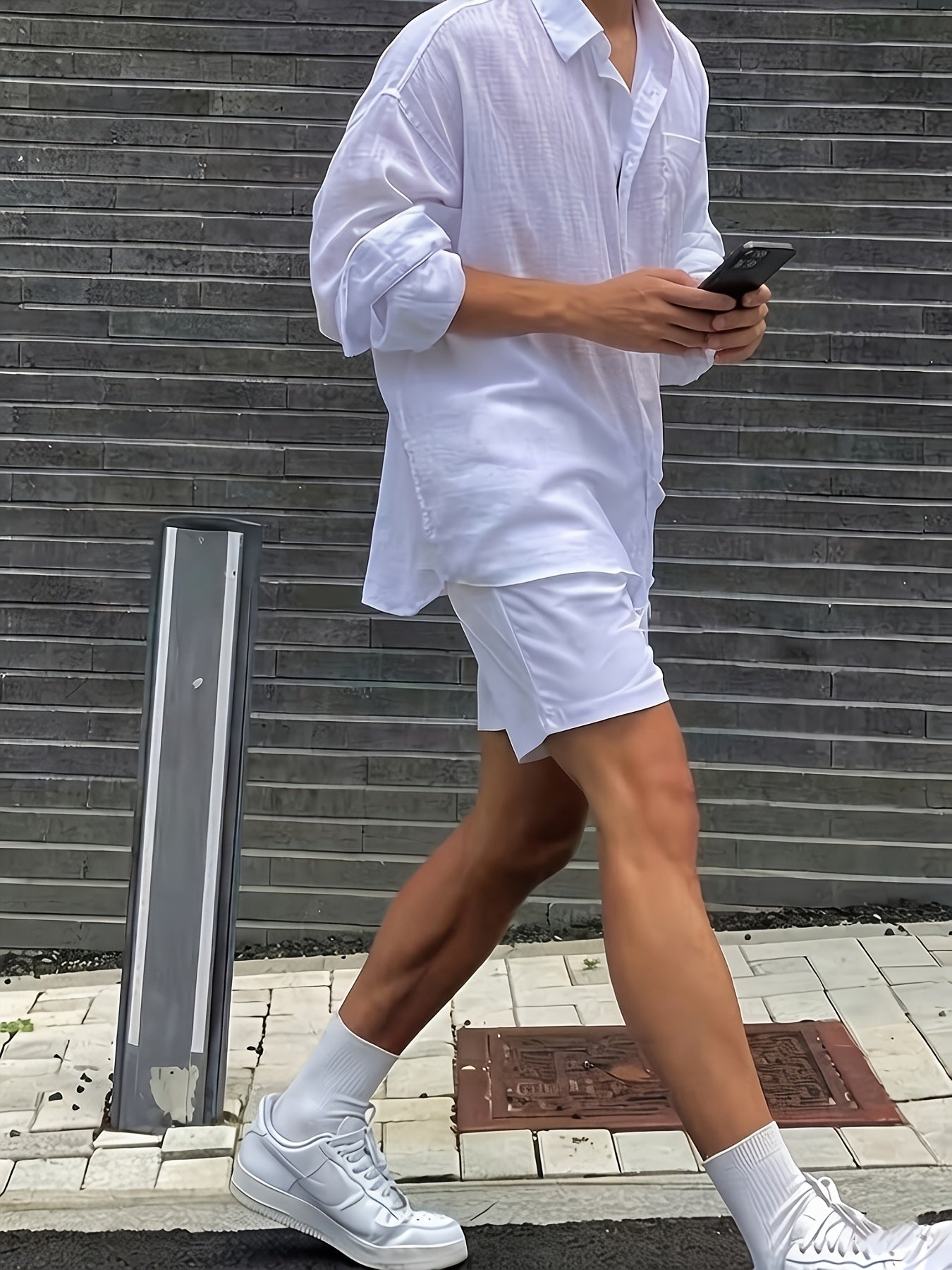Men'S White Long-Sleeved Shirt, Loose And Lazy Style, Roll-Up Sleeve Design, Breathable And Wrinkle-Resistant, Suitable for Outdoor Travel, Very Photogenic