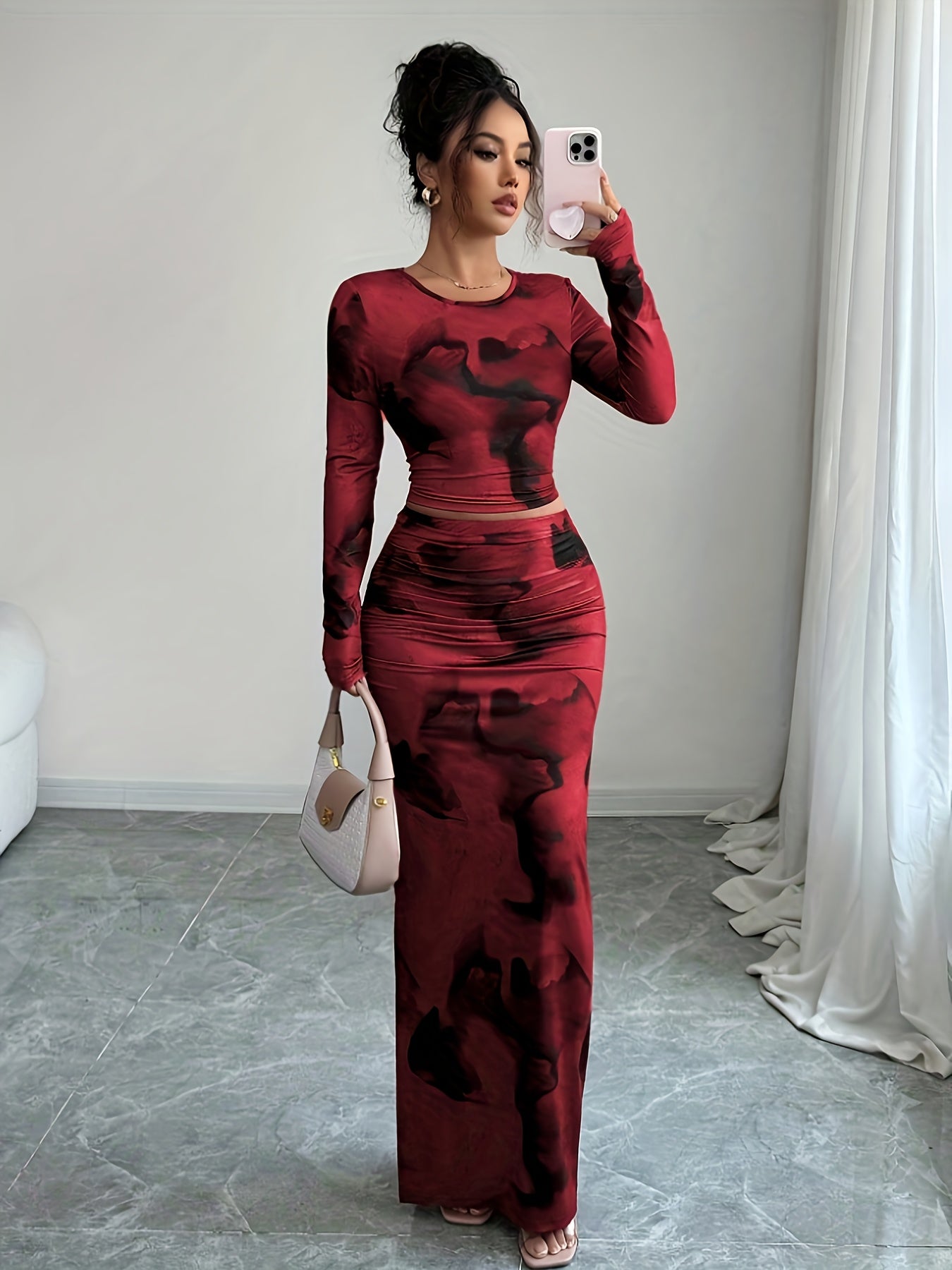 2pcs Women'S Fashion Round Neck Elegant Tight Irregular Tie-Dye Pattern Long Sleeve T-Shirt And Tight Tie-Dye Pattern Long Dress Set